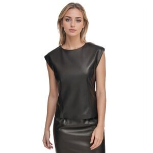 Calvin Klein Tank Top Womens 2 Black Faux Leather‎ Sleeveless Modern Essentials